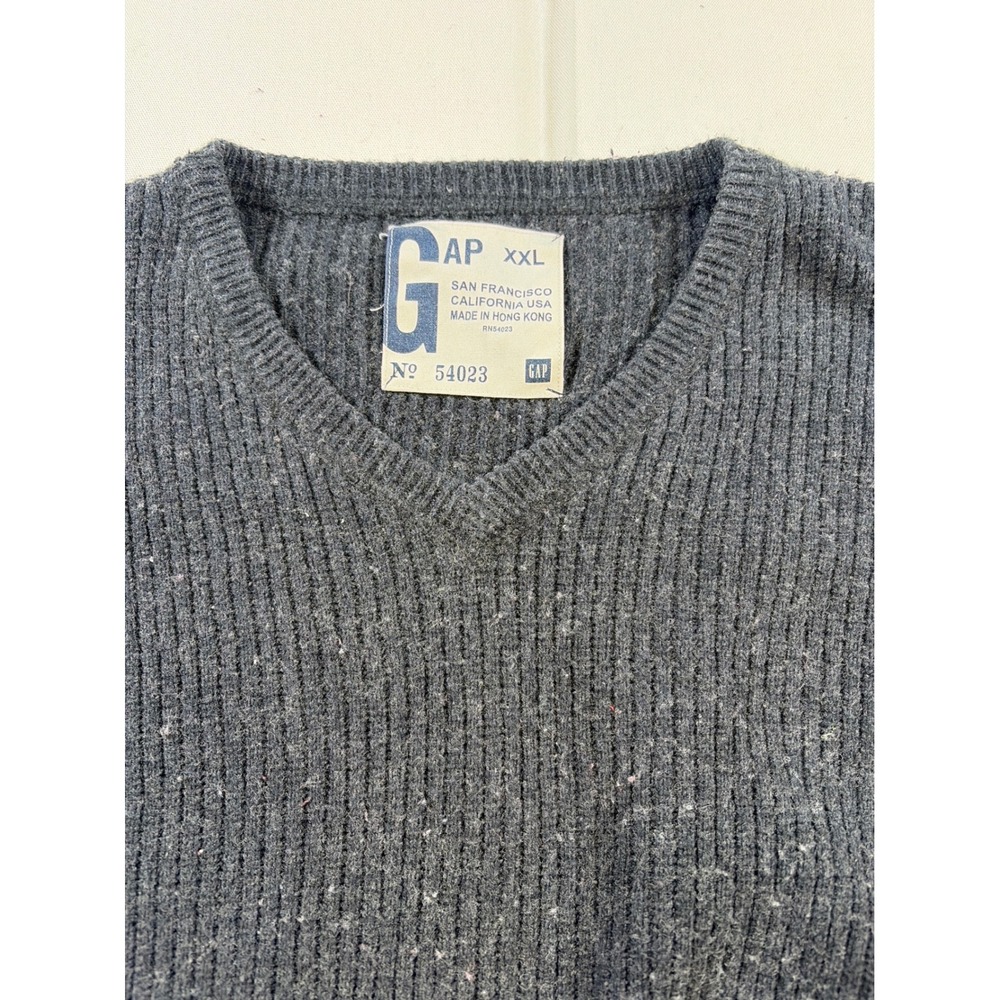 Vintage Y2K Gap Mens XXL Charcoal Gray Ribbed V-Neck Cotton Wool Blend Sweater